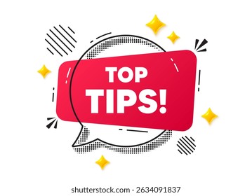 Top tips chat speech bubble. Social media concept. Top tips tag. Education faq sign. Best help assistance. Red chat message. Offer speech bubble. Glare 3d stars. Vector