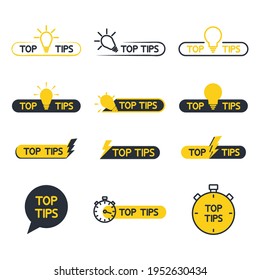 Top-Tipps, hilfreiche Tricks, Tooltip, Tipps für die Website. Set von Tricks Top-Tipp-Lösung, hilfreiche Ratschläge Textformen. Vektorsymbol der Lösung, Ratschläge. Hilfreiche Idee umreißt Symbole. Vektorgrafik
