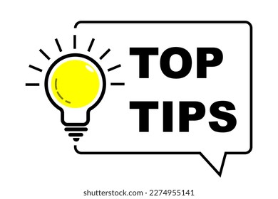 Top Tips icon and Light bulb with sparkle rays shine. Idea sign thinking solution. Idea lamp tooltip trivia. Great idea badge. helpful advice tricks suggestion knowledge and study practice concept.