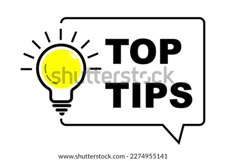 Top Tips icon and Light bulb with sparkle rays shine. Idea sign thinking solution. Idea lamp tooltip trivia. Great idea badge. helpful advice tricks suggestion knowledge and study practice concept.