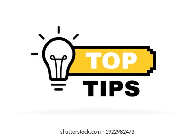 Top tips label design with light bulb and rays. Banner design for business and advertising. Vector illustration.