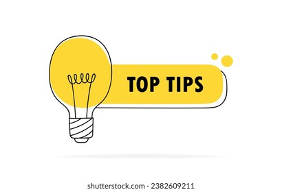 Diseño de etiquetas de puntas superiores con bombilla que brilla. Bombilla lineal dibujada a mano. Concepto de consejos, ayuda y consejo. Ilustración vectorial.