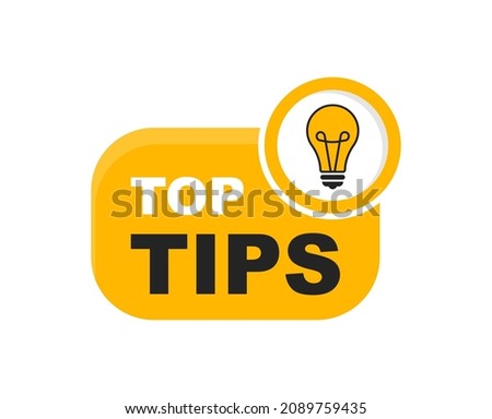 Top tips logo with light bulb. Top tips badge. Quick tips, helpful tricks, tooltip, advice and idea for business and advertising. Vector illustration.