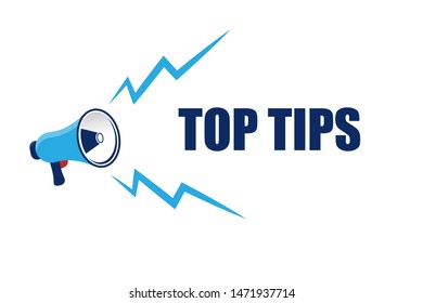 top tips megaphone. Banner with megaphone and text top tips. megaphone loudspeaker with message top tips. Cartoon illustration in comics style. colorful bussines concept. vector illustration.