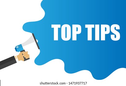 top tips megaphone. Banner with megaphone and text top tips. megaphone loudspeaker with message top tips. Cartoon illustration in comics style. colorful bussines concept. vector illustration.
