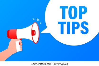 Top tips megaphone blue banner in flat style. Vector illustration.
