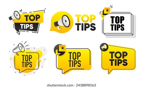 Consejos principales. Colección de etiquetas de megáfono con texto. Marketing y promoción. Ilustración vectorial.