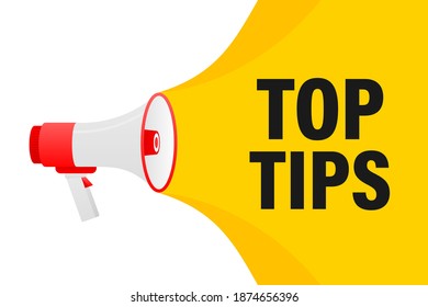 Top tips megaphone yellow banner in 3D style on white background. Vector illustration.