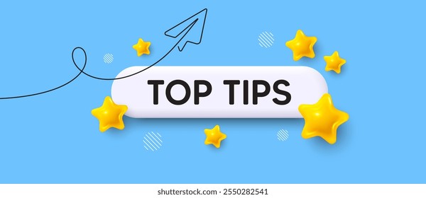 Top tips message in search bar 3d template. Top tips search button. 3d stars with continuous line paper plane. Share template banner with search bar and 3d stars. Vector