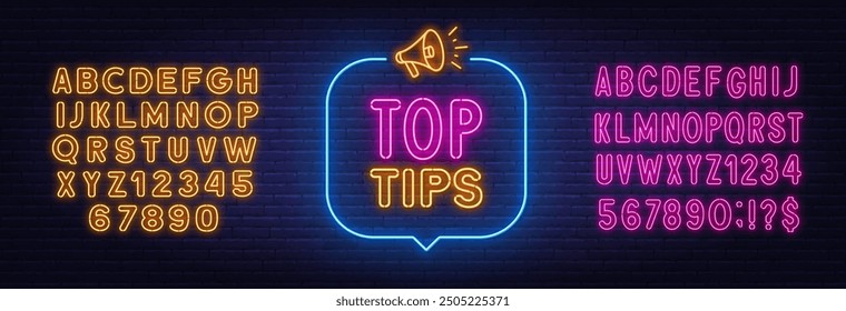 Top Tips neon sign in speech bubble on brick wall background.