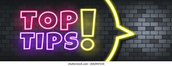 Top tips neon text on the stone background. Top tips. For business, marketing and advertising. Vector on isolated background. EPS 10.