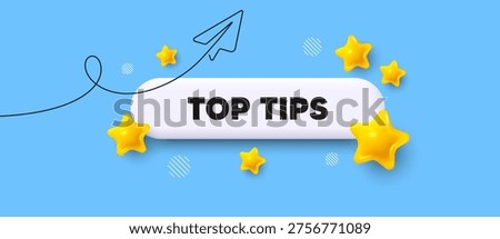 Top tips search bar. Share plane line icon. Top tips. Help assistance sign. Quiz quick tips symbol. Search button with 3d stars. Vector