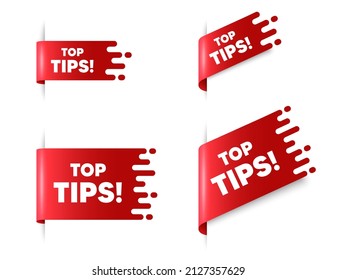 Top tips symbol. Red ribbon tag banners set. Education faq sign. Best help assistance. Top tips sticker ribbon badge banner. Red sale label. Vector