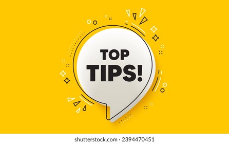 Top tips tag. 3d speech bubble yellow banner. Education faq sign. Best help assistance. Top tips chat speech bubble message. Talk box infographics. Vector