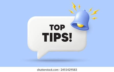 Top tips tag. Anuncio de burbuja de discurso 3d con campana. Educación signo de preguntas frecuentes. La mejor ayuda. Los mejores consejos para chatear mensajes de voz. cuadro de diálogo de oferta 3d. Vector