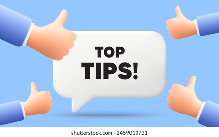 Top tips tag. Anuncio de burbujas de habla 3d con manos similares. Educación signo de preguntas frecuentes. La mejor ayuda. Los mejores consejos para chatear mensajes de voz. cuadro de diálogo de oferta 3d. Vector