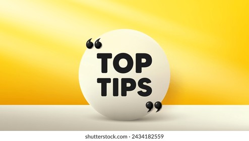 Top tips tag. Circle frame, product stage background. Education faq sign. Best help assistance. Top tips round frame message. Minimal design offer scene. 3d comma quotation. Vector