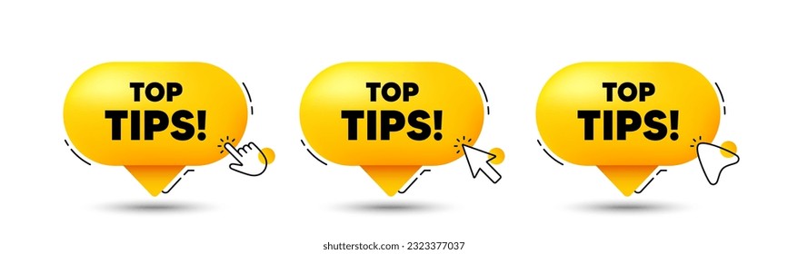 Top tips tag. Click here buttons. Education faq sign. Best help assistance. Top tips speech bubble chat message. Talk box infographics. Vector