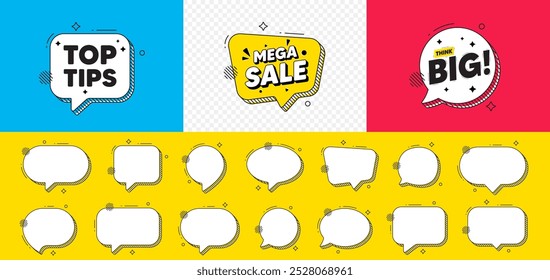 Top tips tag. Mega sale chat speech bubble. Education faq sign. Best help assistance. Top tips chat message. Think big speech bubble banner. Offer text balloon. Vector