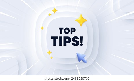 Top tips tag. Neumorphic banner with sunburst. Education faq sign. Best help assistance. Top tips message. Banner with 3d cursor. Circular neumorphic template. Vector