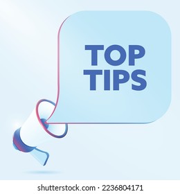 Top tips text with 3d realistic megaphone vector illustration. Banner template to announce news about webinar in social media, training course, marketing technology poster