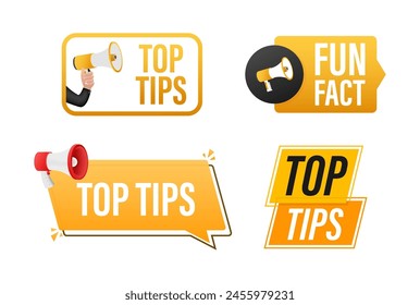 Top tips text with Megaphone label set. Megaphone in hand promotion banner. Marketing and advertising