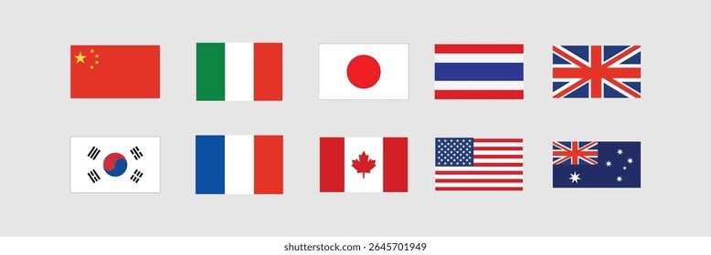 Bandeiras do país de destino da viagem superior - EUA, Reino Unido, Japão, Itália, França, China, Austrália, Canadá Mais | Ícones vetoriais para o turismo, estudo no estrangeiro e promoção global.