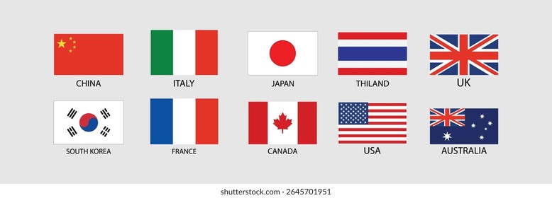 Bandeiras do país de destino da viagem superior - EUA, Reino Unido, Japão, Itália, França, China, Austrália, Canadá Mais | Ícones vetoriais para o turismo, estudo no estrangeiro e promoção global.