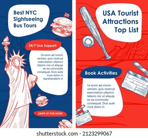 Top USA attractions list, book activities and bus tours to enjoy NYC sightseeing in comfort. Traveling in united states of America and trying traditional food. Support online, info on website vector