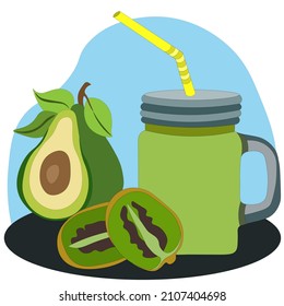 Top vector illustration of avocado and kiwi smoothies in glass mug with drinking tube. Healthy detox drink with vitamins, vegan cocktail. Healthy fruit food.