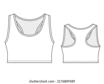 Top vector illustration isolated on white background, front and back view. Technical drawing for fashion design. 