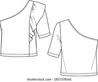 Top vector technical drawing, asymmetric blouse sketch, women top with ruffles CAD/flat 