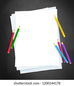 Top veiw vector illustration of paper and color pencils on chalkboard background.