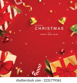 Top vew of 3D realistc Christmas background with gift box and christmas elements.