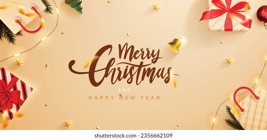 Top vew of 3D realistc Christmas background with gift box and christmas elements.