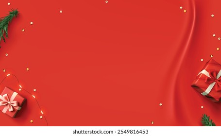 Draufsicht auf 3D-Stil Vektor realistischen Weihnachtshintergrund mit Geschenkbox und weihnachtliche Elemente. Ideal für Weihnachtsaktionen, Online- oder Social-Media-Marketing.