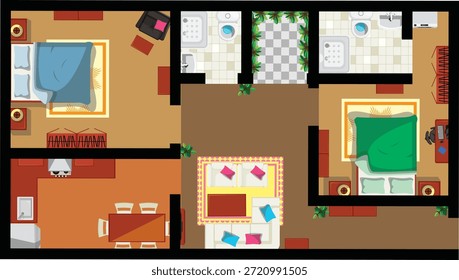 Vista superior 2 BHK Flat Apartment Vector de diseño interior