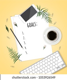 Top view 2018 goals list with notebook, cup of coffee on wooden desk. Vector illustration