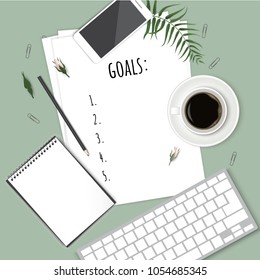 Top view 2018 goals list with notebook, cup of coffee on wooden desk. Vector illustration.