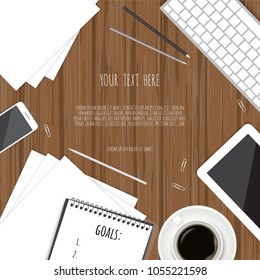 Top view 2018 goals list with notebook, cup of coffee on wooden desk. Vector illustration.