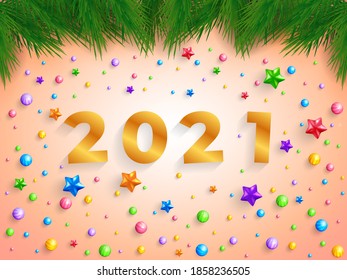 Top view 2021 golden text with decoration and pine leaves