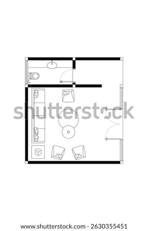 Top View 2D Floor Plan  and Furniture Layout of a Guest Room with Toilet. Lines Black on White Background. 7
