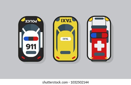 Top view 2D Game asset, police, ambulance and taxi car resource for game design. Complete project. Vector illustration