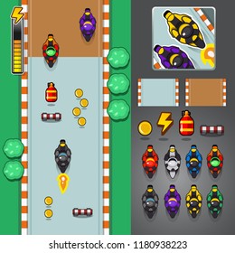 Top view 2D Game asset, Concept art set of motorcycle game, Complete project for application or mobile game
