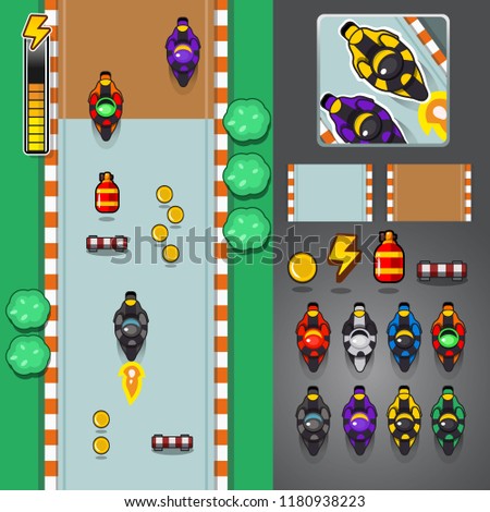 Top view 2D Game asset, Concept art set of motorcycle game, Complete project for application or mobile game
