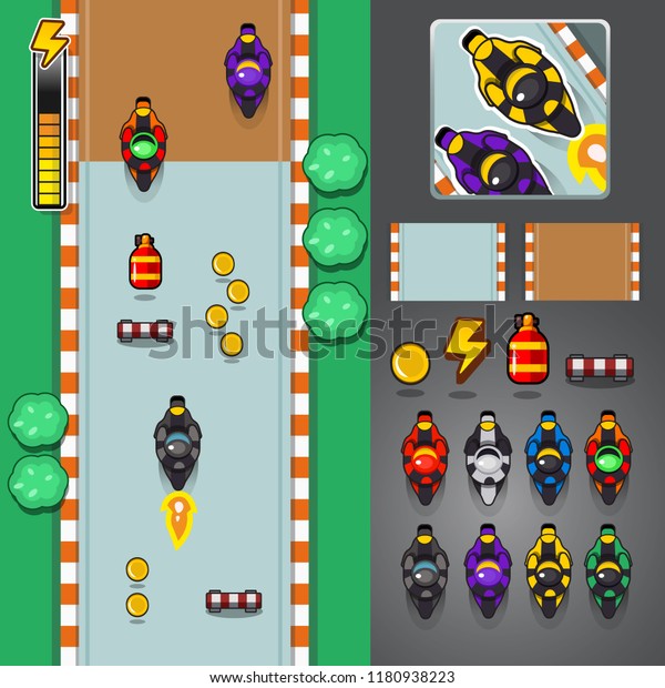 Top view 2D Game\
asset, Concept art set of motorcycle game, Complete project for\
application or mobile\
game\
