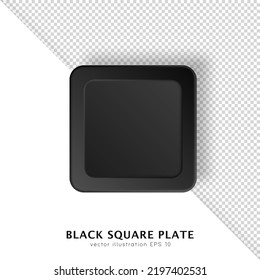 Top view of 3D black square empty plate isolated on white and transparent background. Realistic mockup, layout, template of porcelain, ceramic modern clean table dish