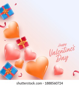 Top View Of 3D Gift Boxes With Glossy Hearts Decorated Background For Happy Valentine's Day Concept.