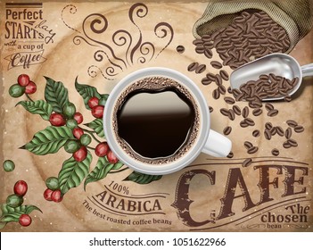 Top view of 3d illustration black coffee on retro engraving cherries and beans background