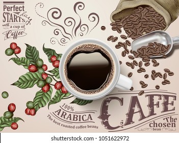 Top view of 3d illustration black coffee on retro engraving background with beans and plants